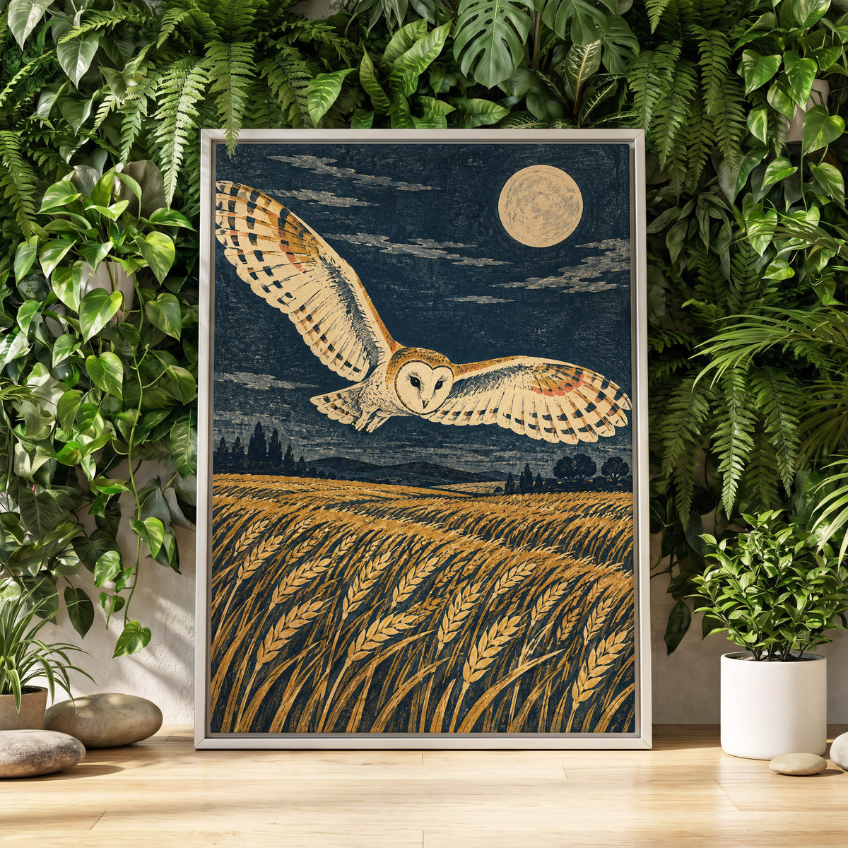 Wings Over Moonlit Wheat, blue, gold, beige nature wall art displayed in a styled interior, gallery view 8