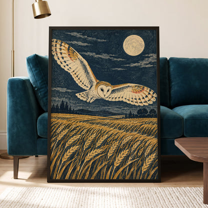 Wings Over Moonlit Wheat, blue, gold, beige nature wall art displayed in a styled interior, gallery view 9