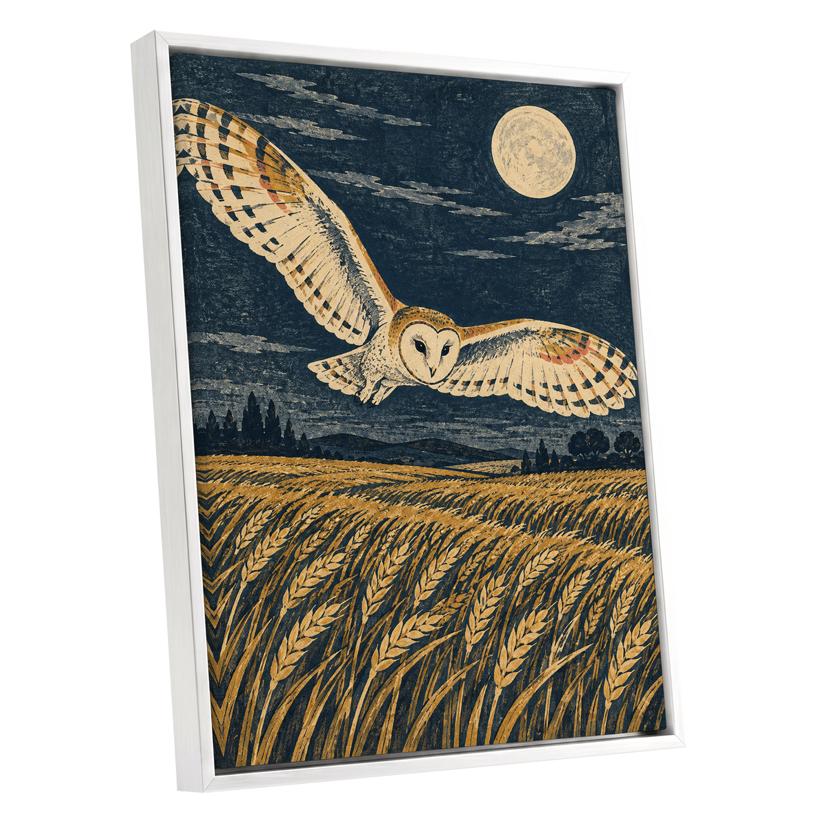 Wings Over Moonlit Wheat, blue, gold, beige nature wall art shown as a white framed canvas wall art