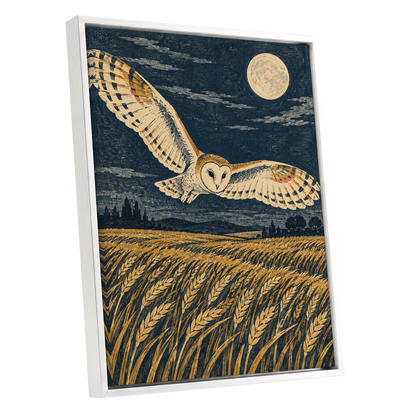 Wings Over Moonlit Wheat, blue, gold, beige nature wall art shown as a white framed canvas wall art