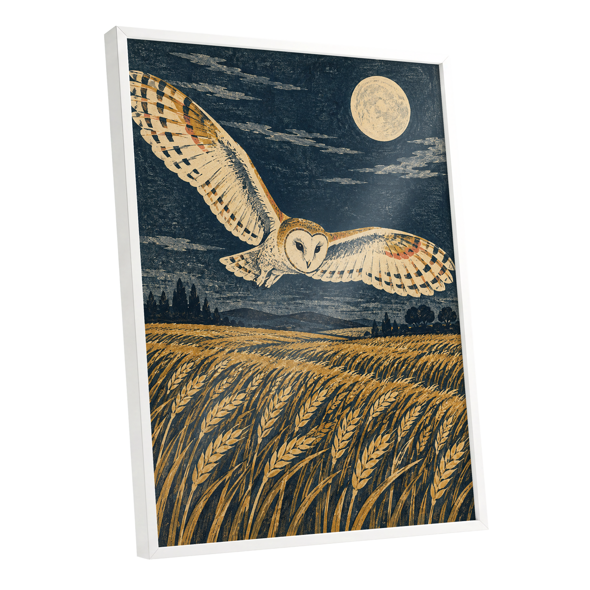 Wings Over Moonlit Wheat, blue, gold, beige nature wall art shown as a white framed poster wall art print