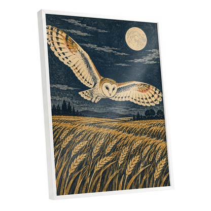 Wings Over Moonlit Wheat, blue, gold, beige nature wall art shown as a white framed poster wall art print
