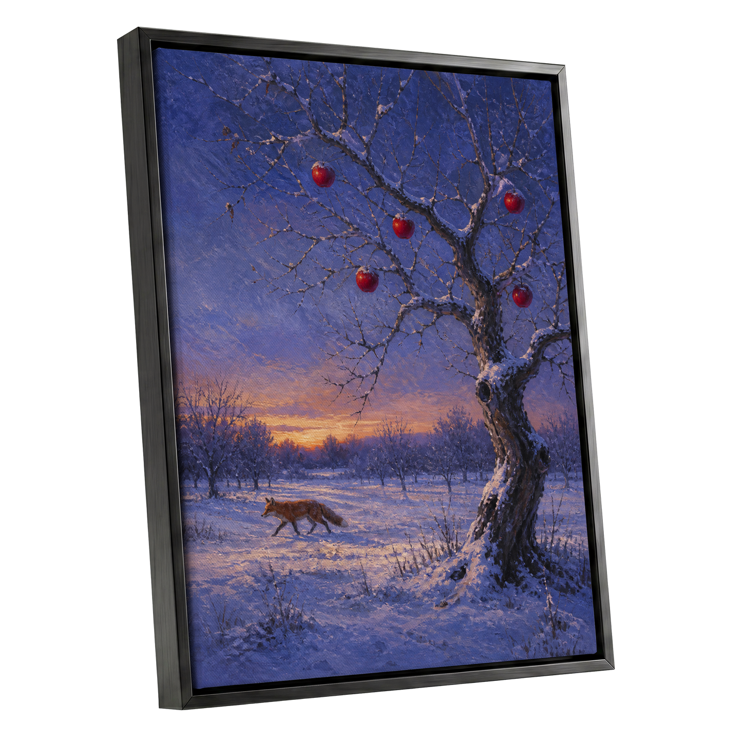 Winter Orchard Vigil, blue, white, brown nature wall art shown as a black framed canvas wall art