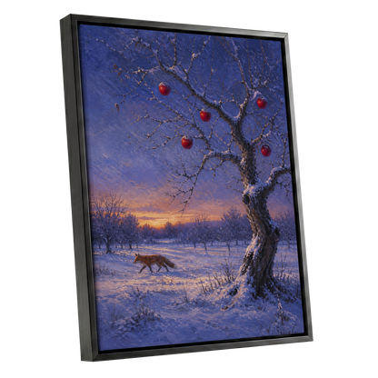 Winter Orchard Vigil, blue, white, brown nature wall art shown as a black framed canvas wall art
