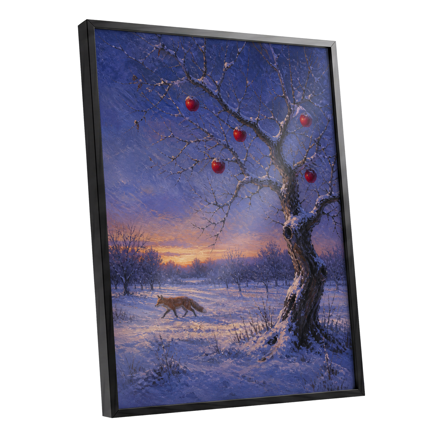 Winter Orchard Vigil, blue, white, brown nature wall art shown as a black framed poster wall art print