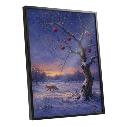 Winter Orchard Vigil, blue, white, brown nature wall art shown as a black framed poster wall art print