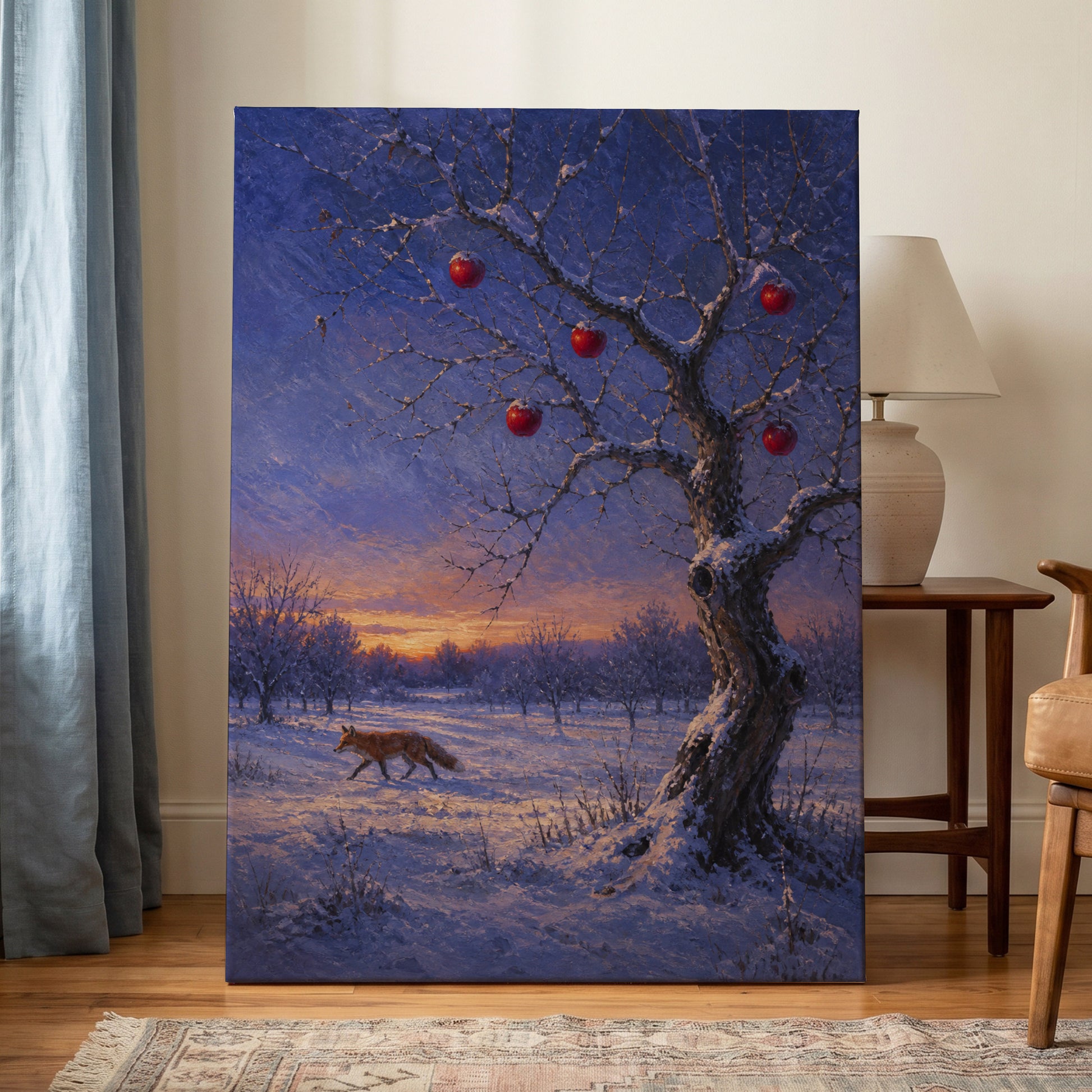 Winter Orchard Vigil, blue, white, brown nature wall art on canvas displayed in a styled interior, gallery view 1