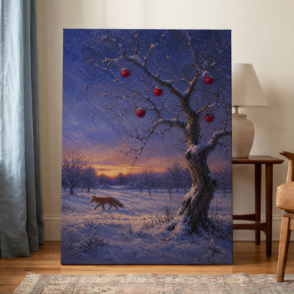 Winter Orchard Vigil, blue, white, brown nature wall art on canvas displayed in a styled interior, gallery view 1