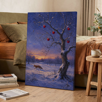 Winter Orchard Vigil, blue, white, brown nature wall art on canvas displayed in a styled interior, gallery view 2