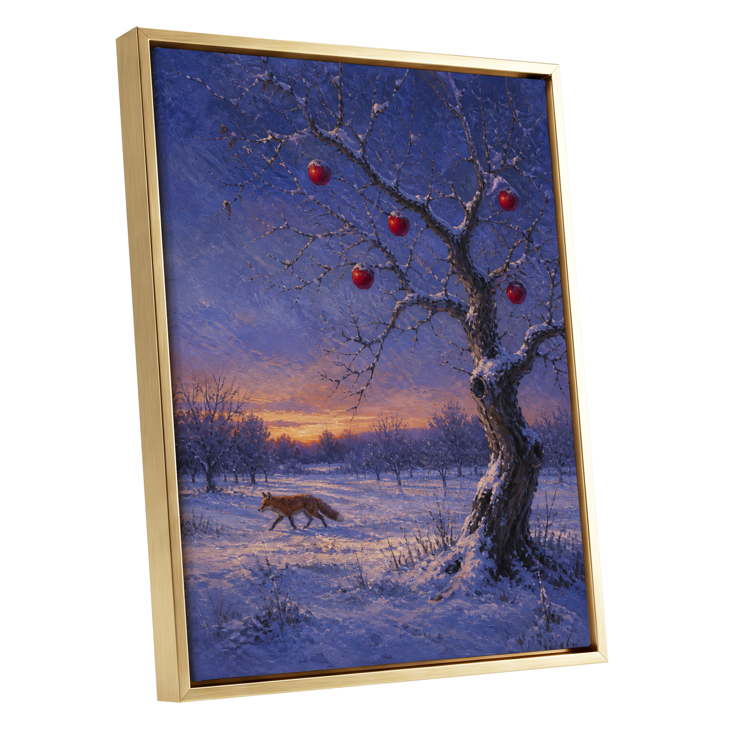 Winter Orchard Vigil, blue, white, brown nature wall art shown as a gold framed canvas wall art