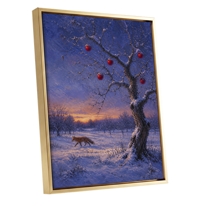Winter Orchard Vigil, blue, white, brown nature wall art shown as a gold framed canvas wall art