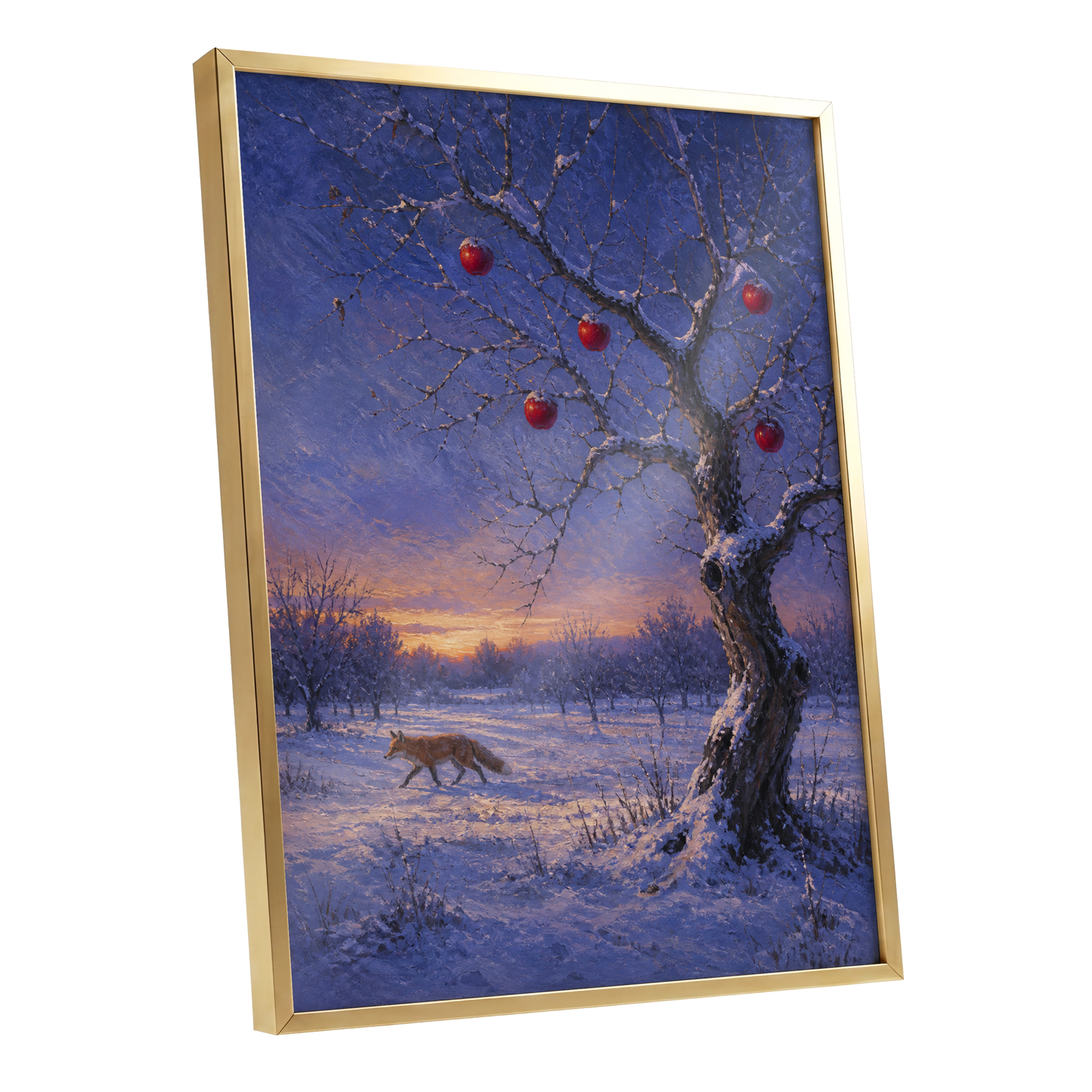 Winter Orchard Vigil, blue, white, brown nature wall art shown as a gold framed poster wall art print