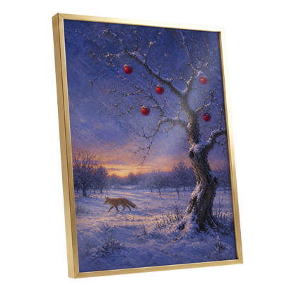 Winter Orchard Vigil, blue, white, brown nature wall art shown as a gold framed poster wall art print