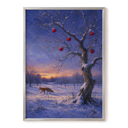 Winter Orchard Vigil, blue, white, brown nature wall art, front artwork view