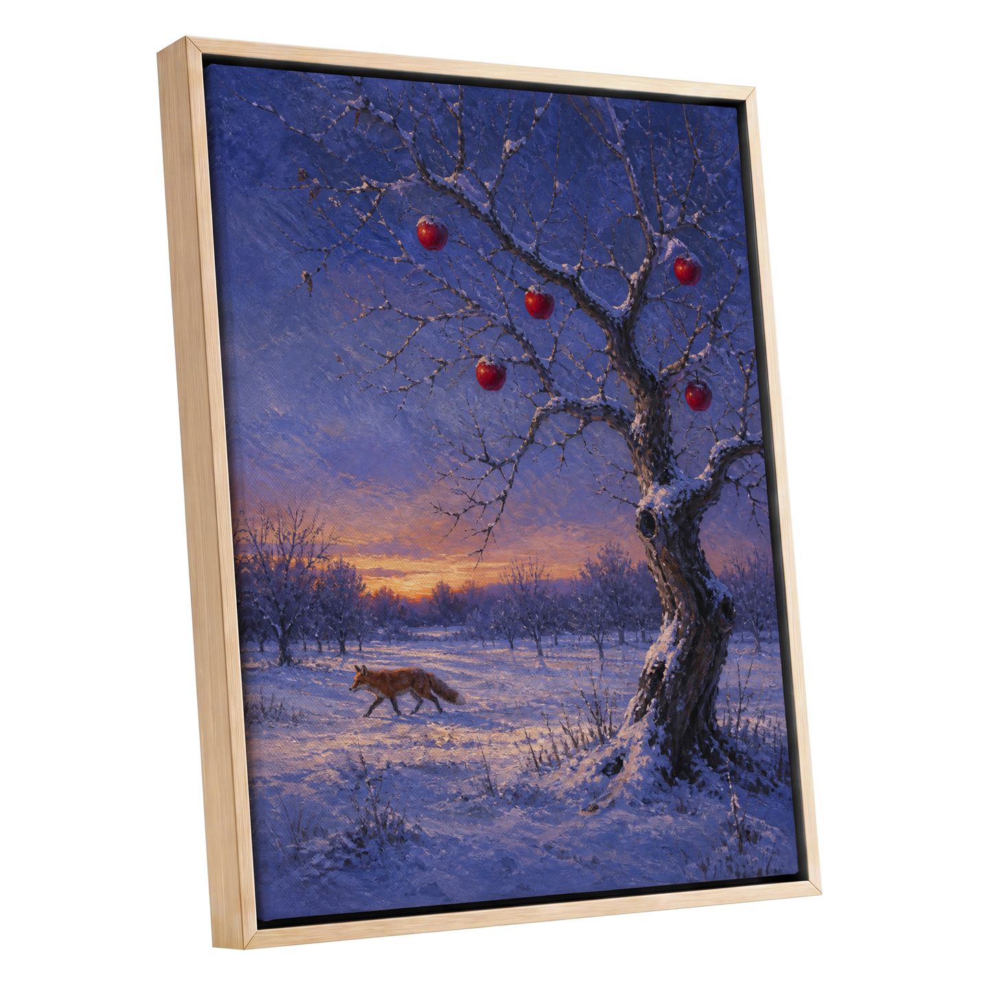 Winter Orchard Vigil, blue, white, brown nature wall art shown as a oak framed canvas wall art