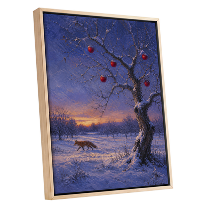 Winter Orchard Vigil, blue, white, brown nature wall art shown as a oak framed canvas wall art