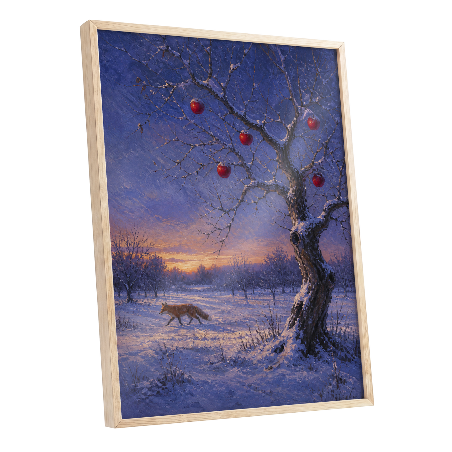 Winter Orchard Vigil, blue, white, brown nature wall art shown as a oak framed poster wall art print