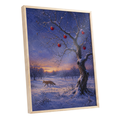 Winter Orchard Vigil, blue, white, brown nature wall art shown as a oak framed poster wall art print
