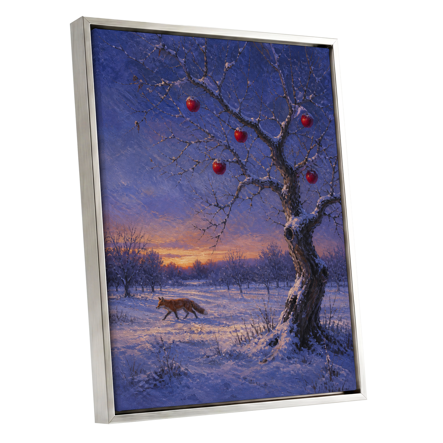 Winter Orchard Vigil, blue, white, brown nature wall art shown as a silver framed canvas wall art