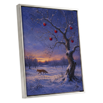 Winter Orchard Vigil, blue, white, brown nature wall art shown as a silver framed canvas wall art