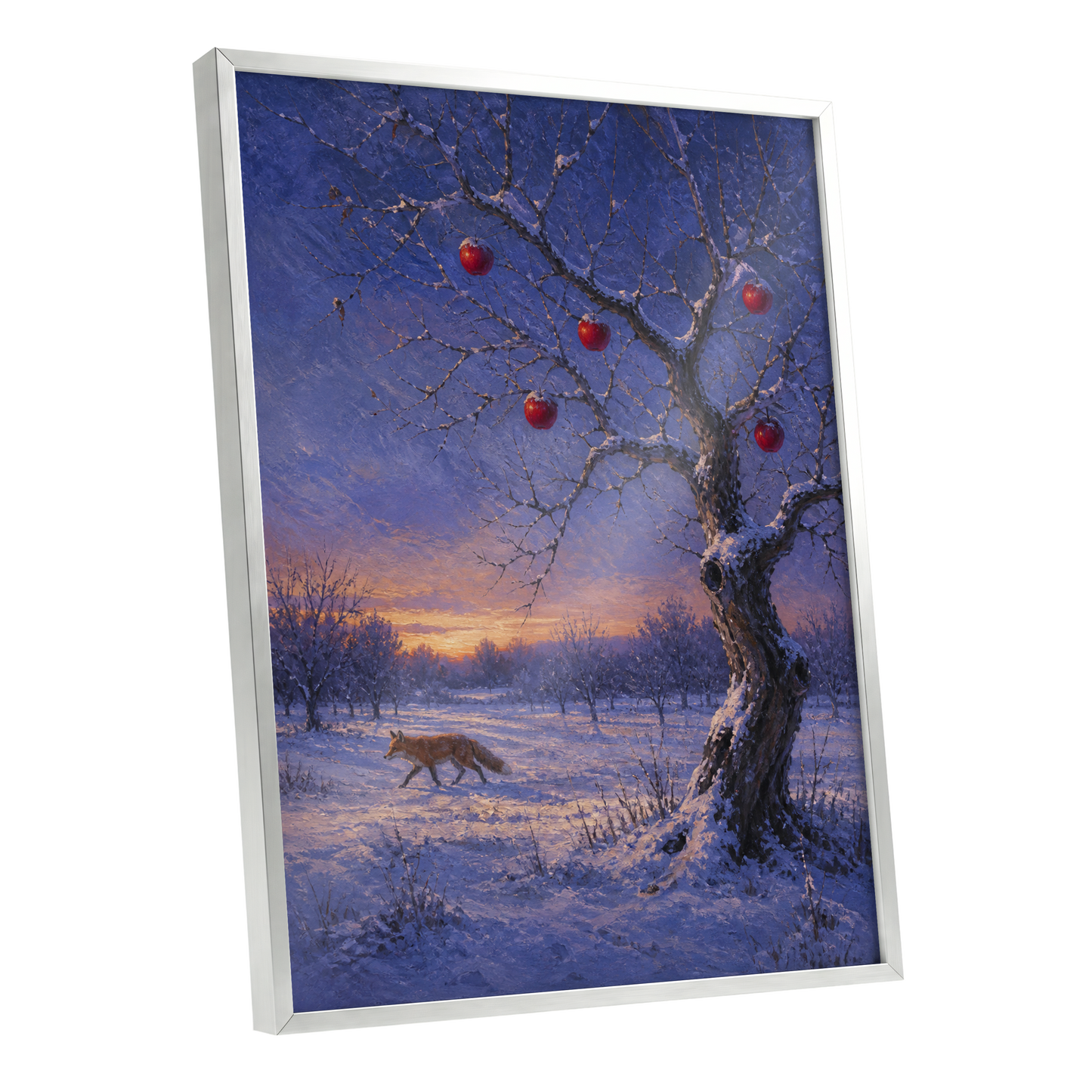 Winter Orchard Vigil, blue, white, brown nature wall art shown as a silver framed poster wall art print