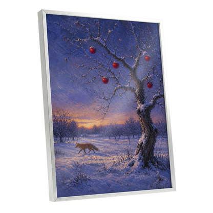 Winter Orchard Vigil, blue, white, brown nature wall art shown as a silver framed poster wall art print