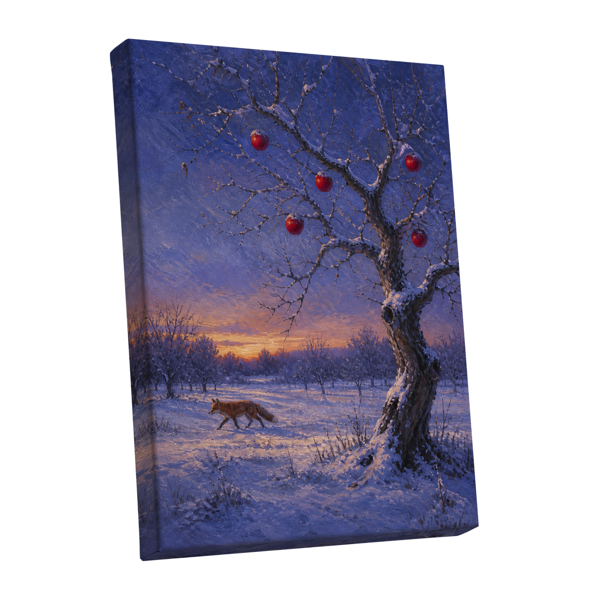Winter Orchard Vigil, blue, white, brown nature wall art shown as a stretched canvas wall art