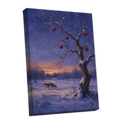Winter Orchard Vigil, blue, white, brown nature wall art shown as a stretched canvas wall art