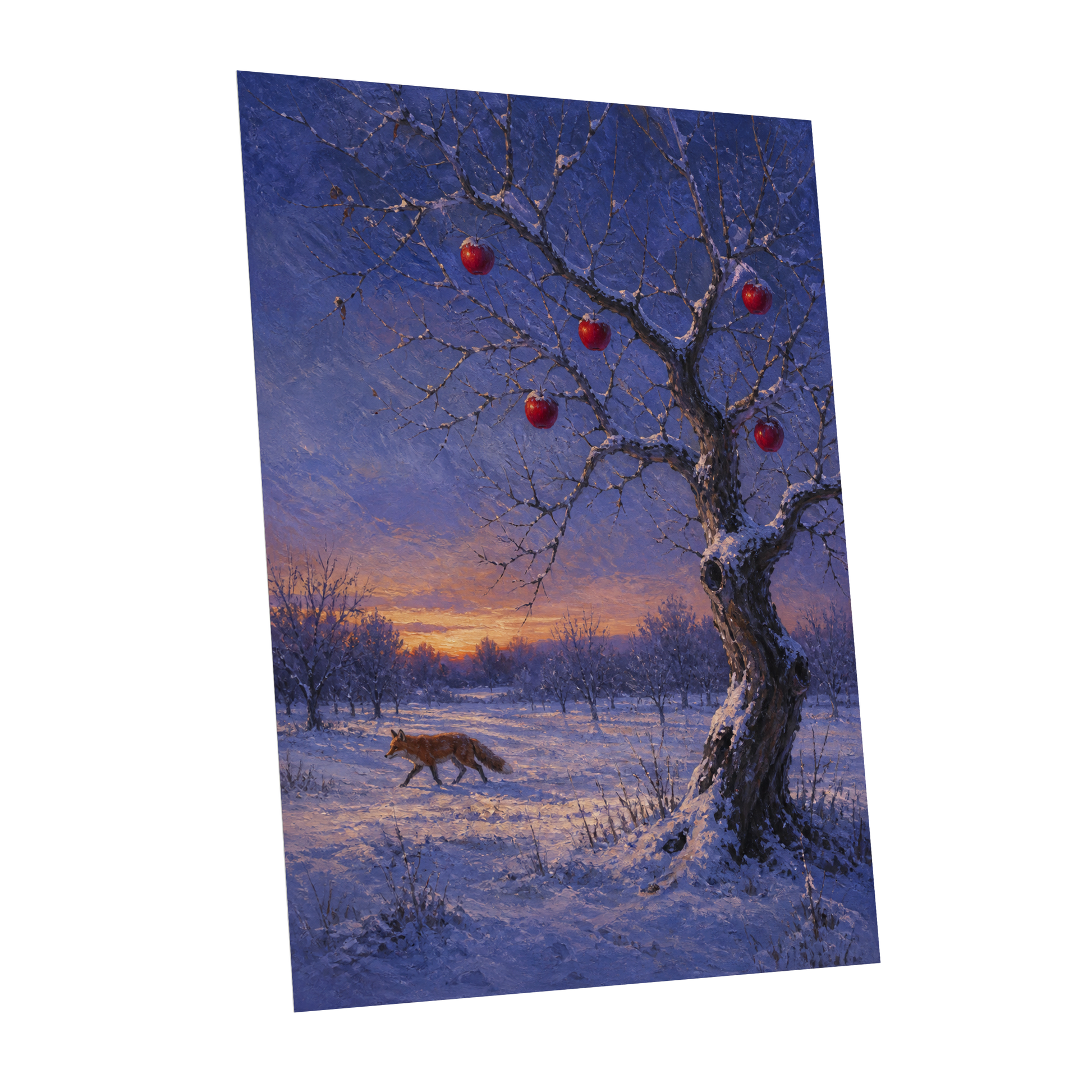 Winter Orchard Vigil, blue, white, brown nature wall art shown as a unframed poster wall art print