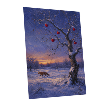 Winter Orchard Vigil, blue, white, brown nature wall art shown as a unframed poster wall art print