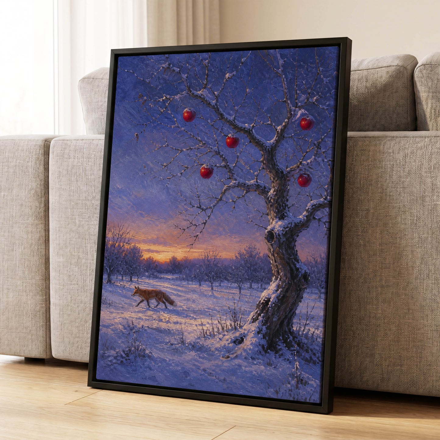 Winter Orchard Vigil, blue, white, brown nature wall art displayed in a styled interior, gallery view 1
