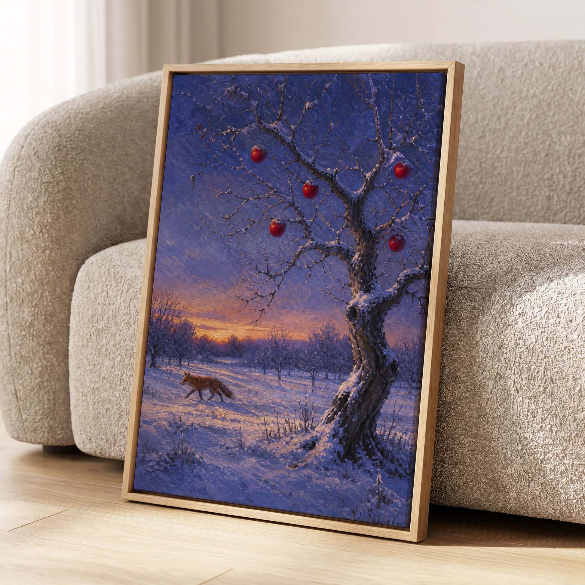 Winter Orchard Vigil, blue, white, brown nature wall art displayed in a styled interior, gallery view 2