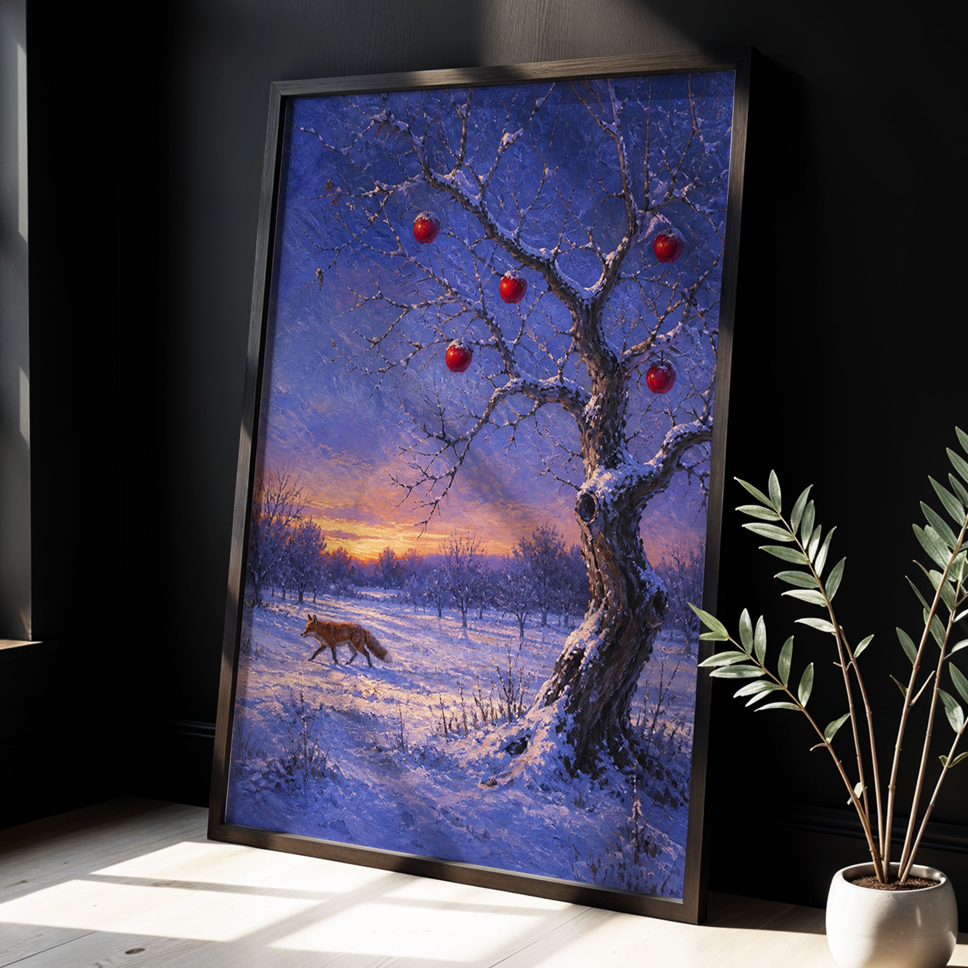 Winter Orchard Vigil, blue, white, brown nature wall art displayed in a styled interior, gallery view 3