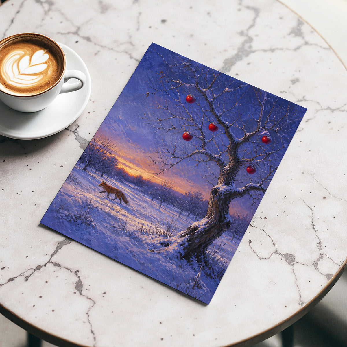 Winter Orchard Vigil, blue, white, brown nature wall art displayed in a styled interior, gallery view 4