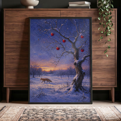 Winter Orchard Vigil, blue, white, brown nature wall art displayed in a styled interior, gallery view 5