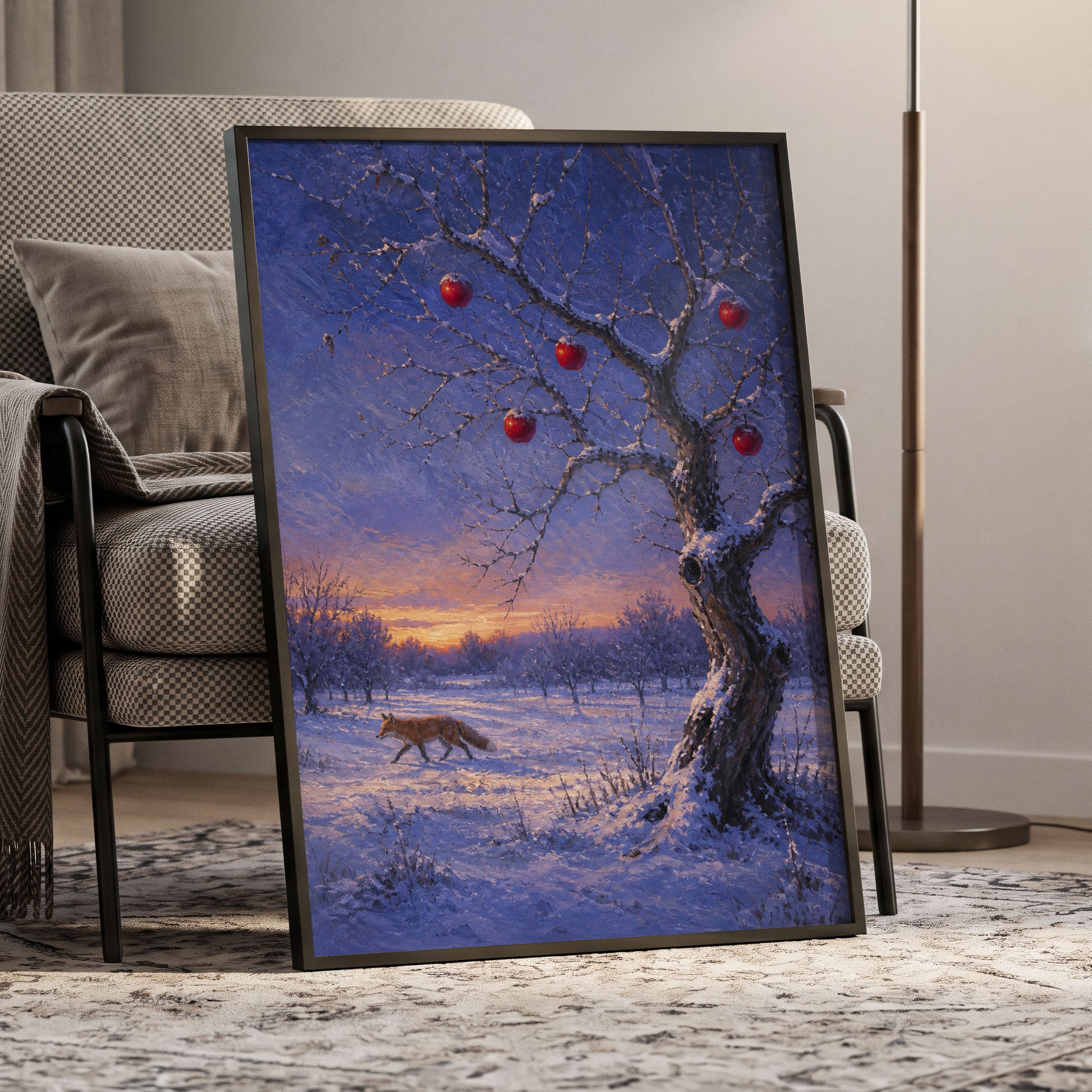 Winter Orchard Vigil, blue, white, brown nature wall art displayed in a styled interior, gallery view 6