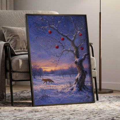 Winter Orchard Vigil, blue, white, brown nature wall art displayed in a styled interior, gallery view 6