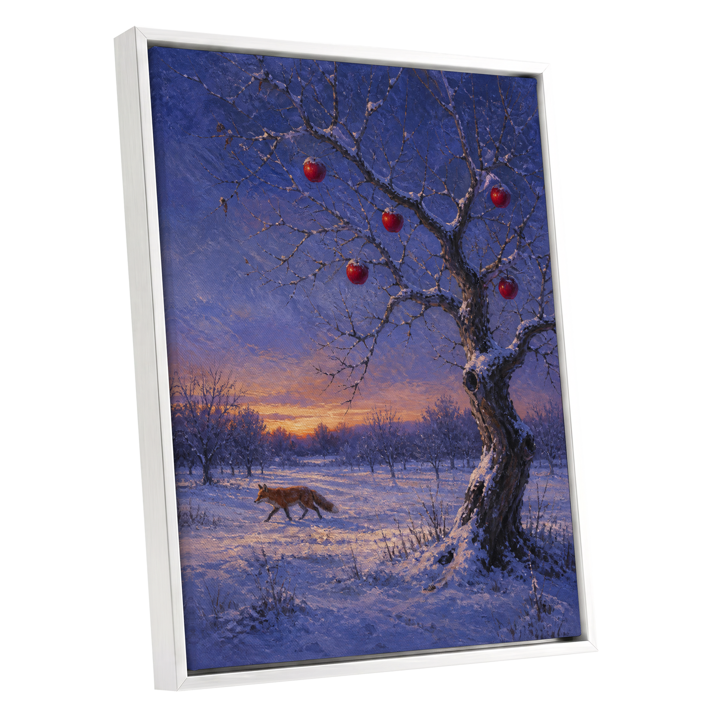Winter Orchard Vigil, blue, white, brown nature wall art shown as a white framed canvas wall art