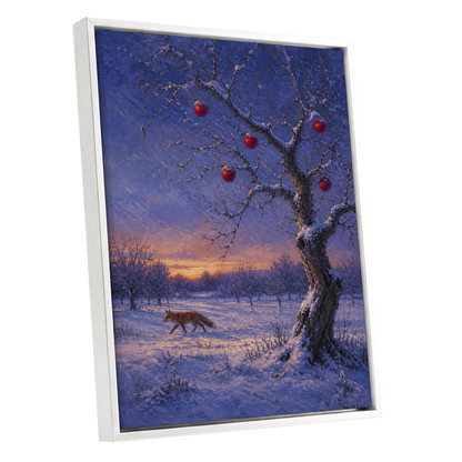 Winter Orchard Vigil, blue, white, brown nature wall art shown as a white framed canvas wall art