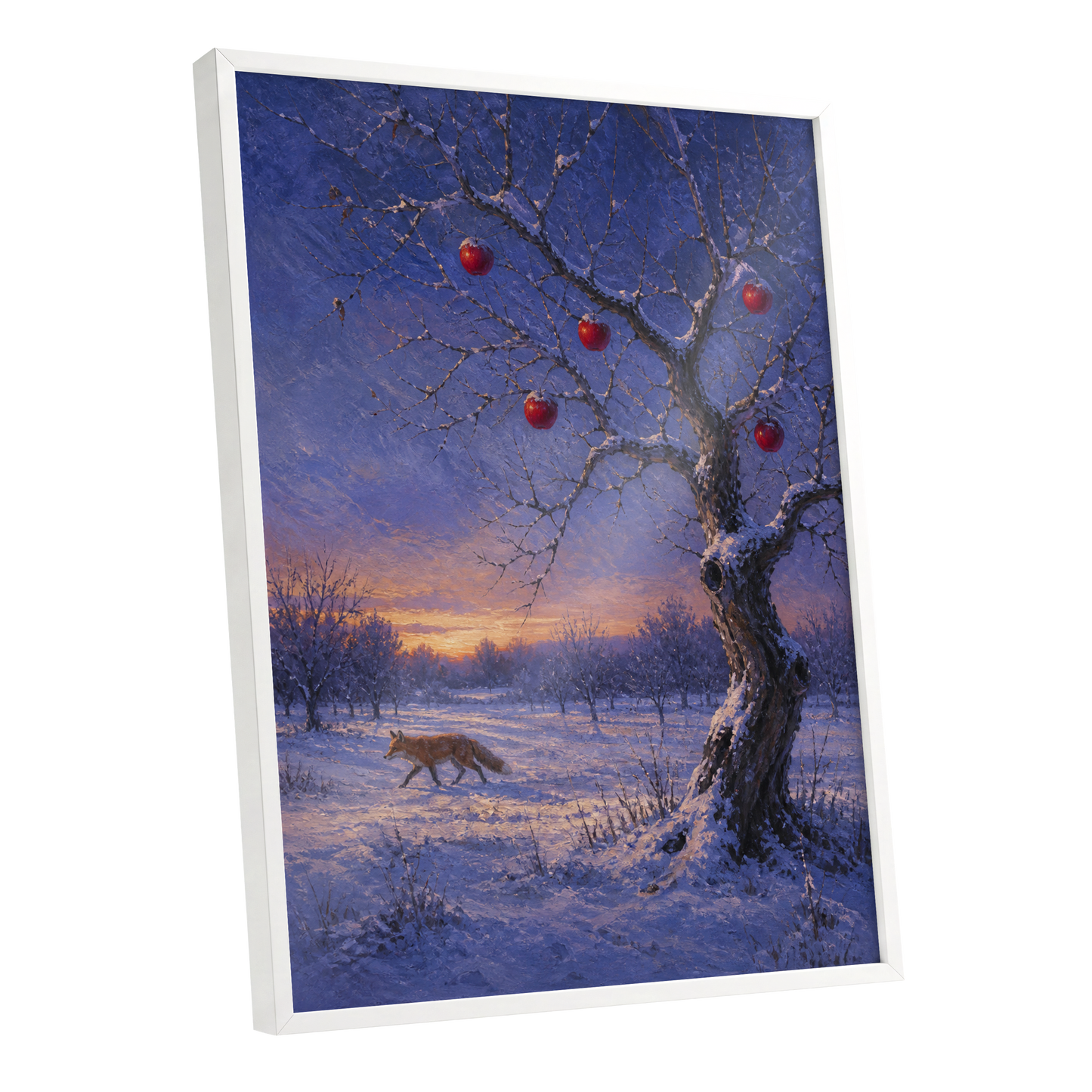 Winter Orchard Vigil, blue, white, brown nature wall art shown as a white framed poster wall art print