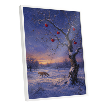 Winter Orchard Vigil, blue, white, brown nature wall art shown as a white framed poster wall art print
