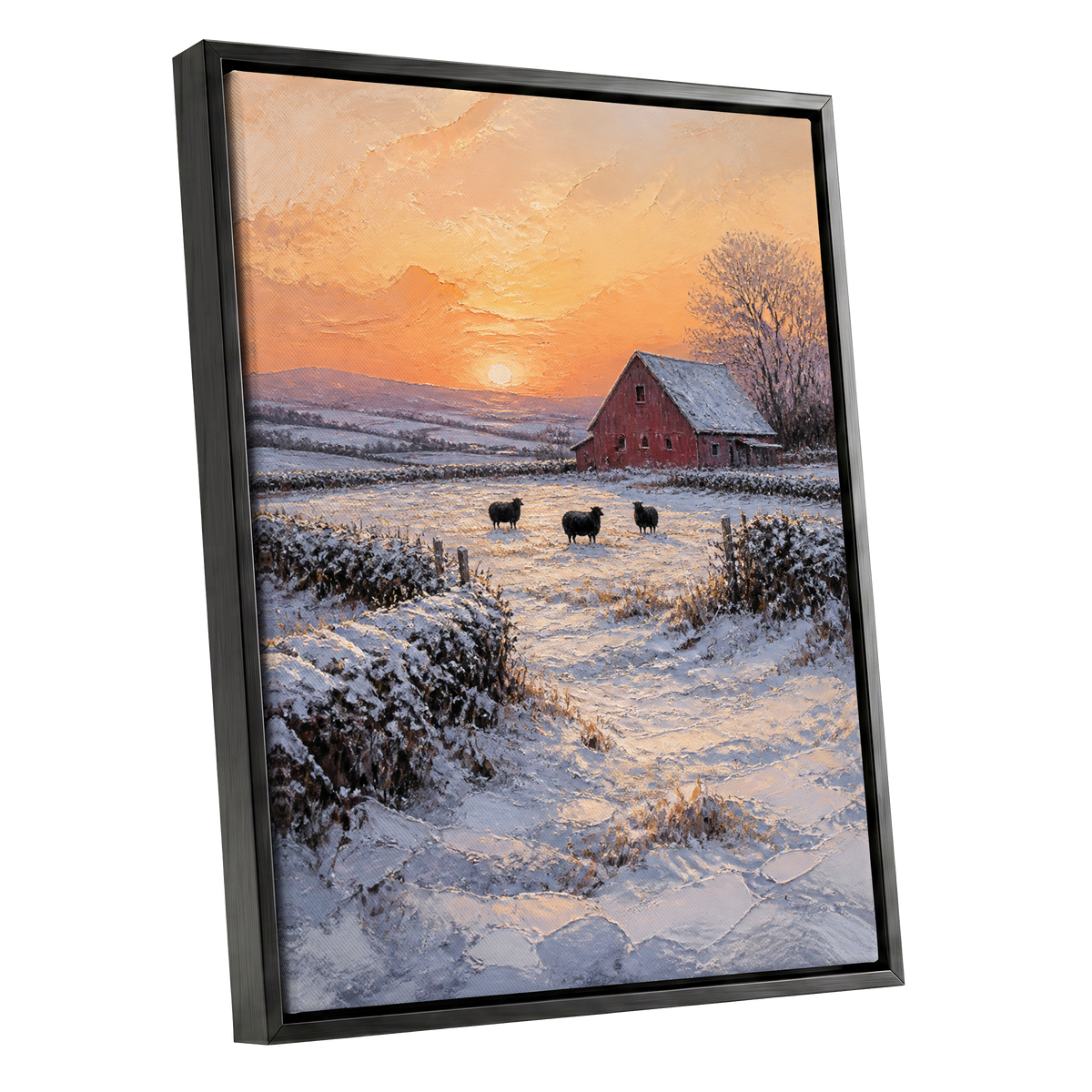 Winter's Ember, white, orange, brown nature wall art shown as a black framed canvas wall art