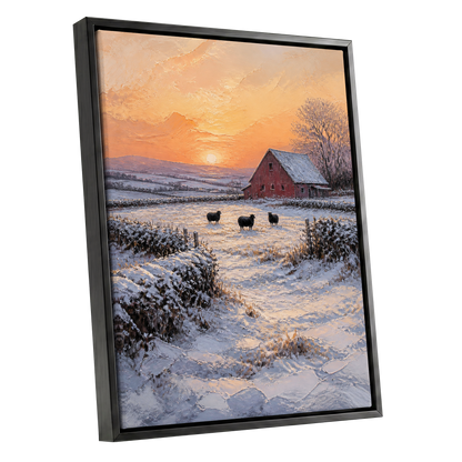 Winter's Ember, white, orange, brown nature wall art shown as a black framed canvas wall art