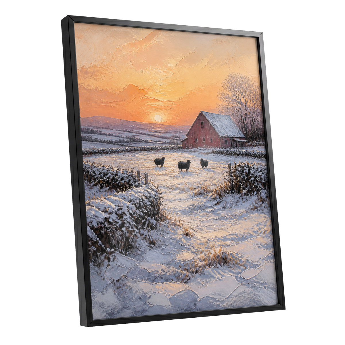 Winter's Ember, white, orange, brown nature wall art shown as a black framed poster wall art print