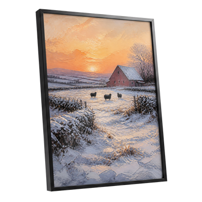 Winter's Ember, white, orange, brown nature wall art shown as a black framed poster wall art print