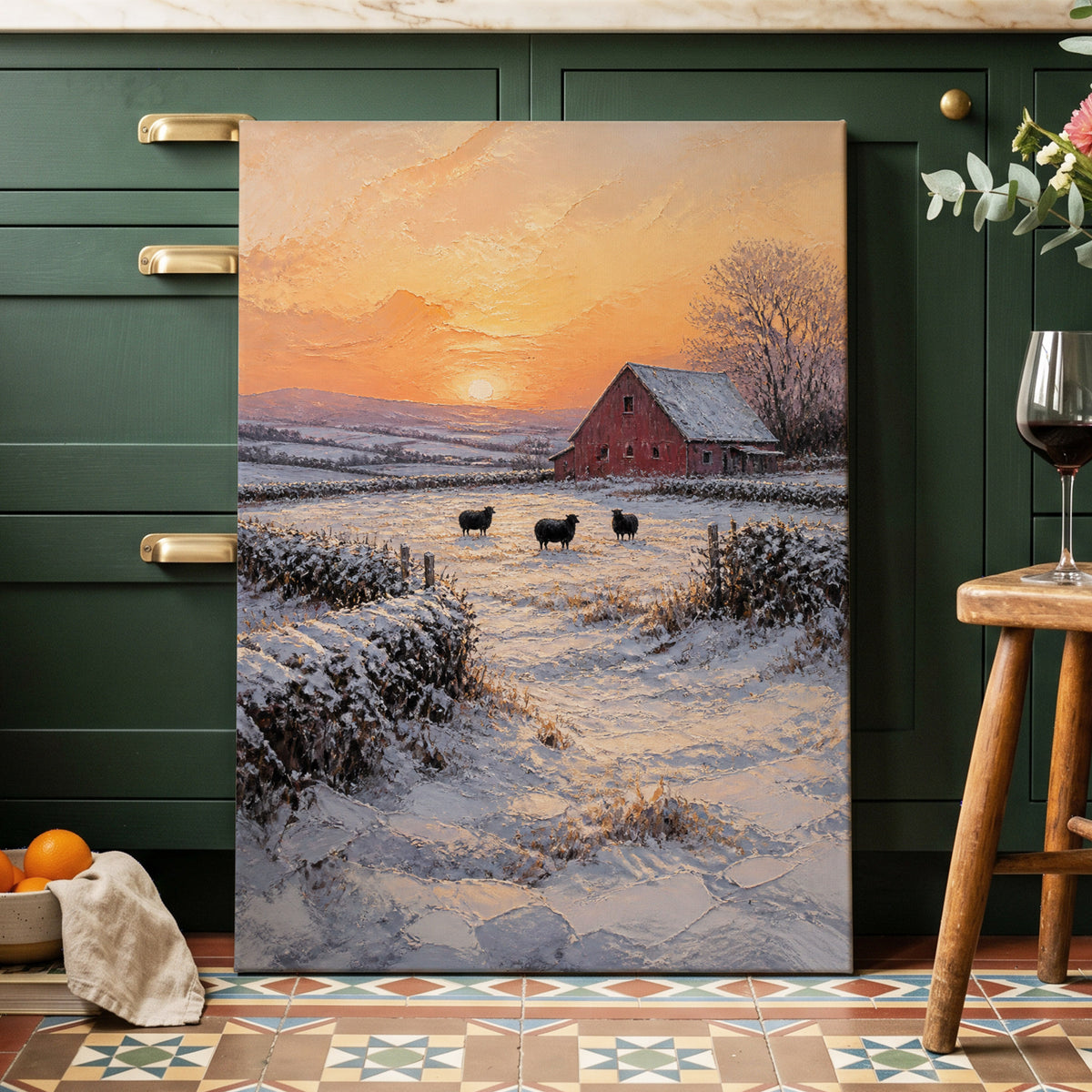 Winter's Ember, white, orange, brown nature wall art on canvas displayed in a styled interior, gallery view 1