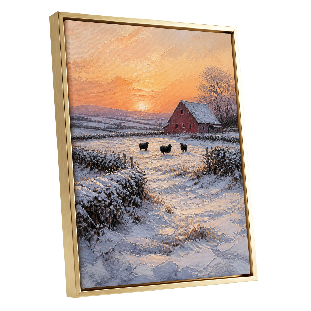Winter's Ember, white, orange, brown nature wall art shown as a gold framed canvas wall art