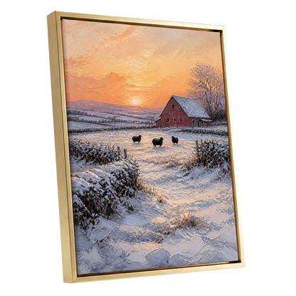 Winter's Ember, white, orange, brown nature wall art shown as a gold framed canvas wall art