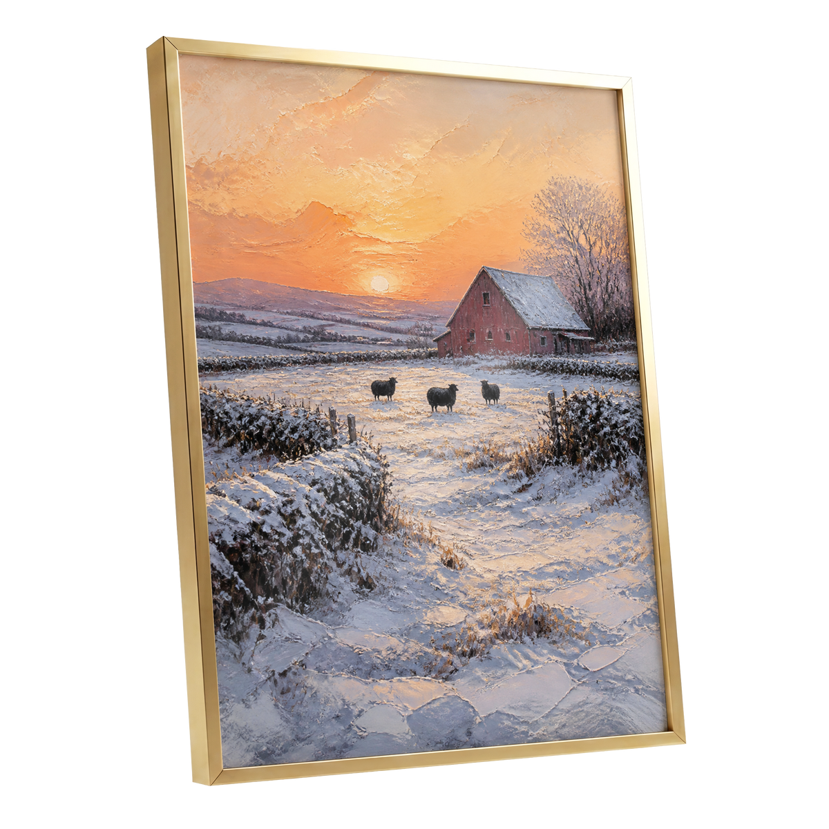 Winter's Ember, white, orange, brown nature wall art shown as a gold framed poster wall art print