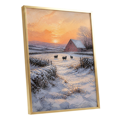 Winter's Ember, white, orange, brown nature wall art shown as a gold framed poster wall art print
